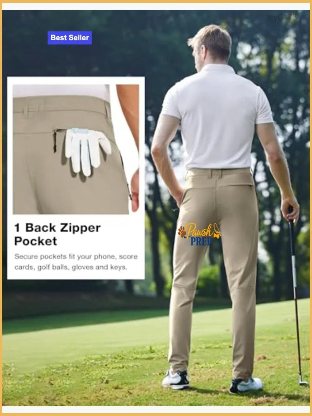 Men's Stretch Golf Pants Slim Fit Tapered Chinos with Zipper Pockets